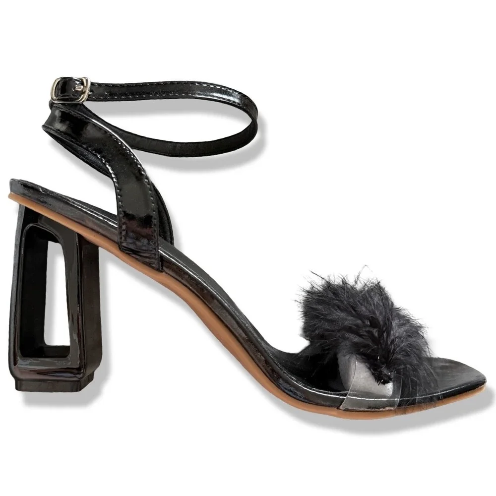 Black Feather Ankle Strap Sandals Cut Out Block Heel Square Toe Sz 11.5 EUR 44